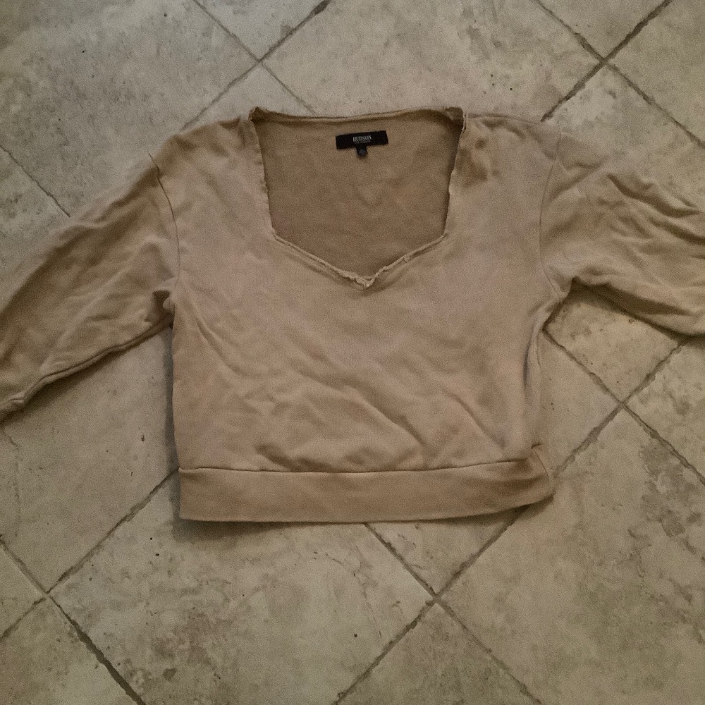 Tan Cropped Long Sleeve V-Neck Sweatshirt